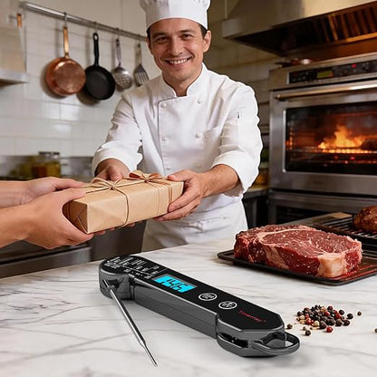 Professional Digital Meat Thermometer Instant Read Waterproof – Folding Probe Food Thermometer with Backlight & Calibration, Fast Read for BBQ, Grill, Deep Fry, Liquids, Gift for Chef (Black)
