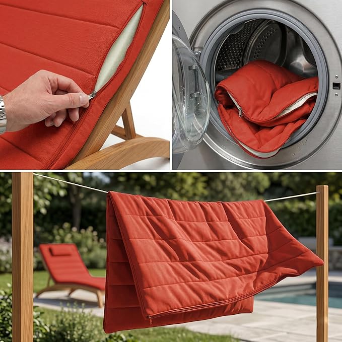 Quilted Chaise Lounge Outdoor Patio Furniture Cushions | Water-Resistant Patio Chair Cushions | Durable, High-Density Foam Outdoor Chair Cushions - Red, 72"x21" (Chair Not Included)
