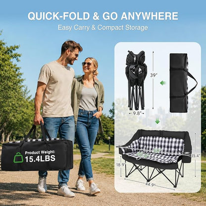 HOPERAN Double Camping Chair 800lbs Camping Couch Folding Loveseat, Black | 59" Wide Seat, 600D Fabric, Thickened Padding, Cooler Bag, Side&Rear Pocket, Cup&Wine Glass Holder, for Lawn Patio Beach