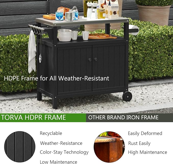 TORVA Portable Outdoor Grill Cart with Storage, Waterproof HDPE BBQ Prep Table for Patio & Backyard, 304 Stainless Steel Top, All-Weather Use, Camping Cart with Wheels, 42.12" L x 20.71" W, Black
