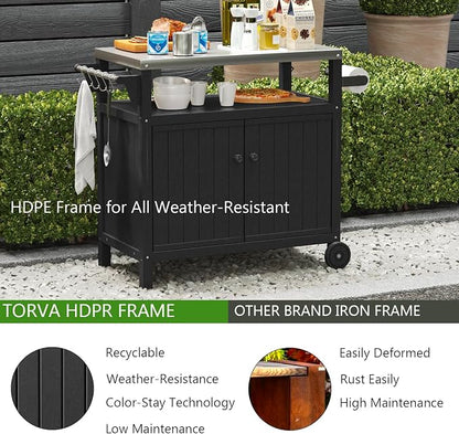 TORVA Portable Outdoor Grill Cart with Storage, Waterproof HDPE BBQ Prep Table for Patio & Backyard, 304 Stainless Steel Top, All-Weather Use, Camping Cart with Wheels, 42.12" L x 20.71" W, Black