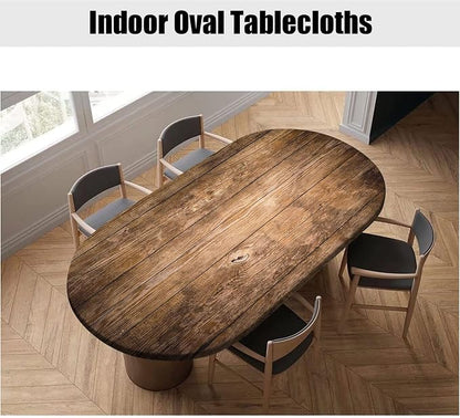 Rustic Oval Wood Grain Table Cloths, Rustic Wood Planks Elastic Edged Polyester Fitted Table Cover, Fits Tables up to 48" W x 68" L, Great for Kitchen Dining, Party, Holiday, Christmas, Buffet Decor