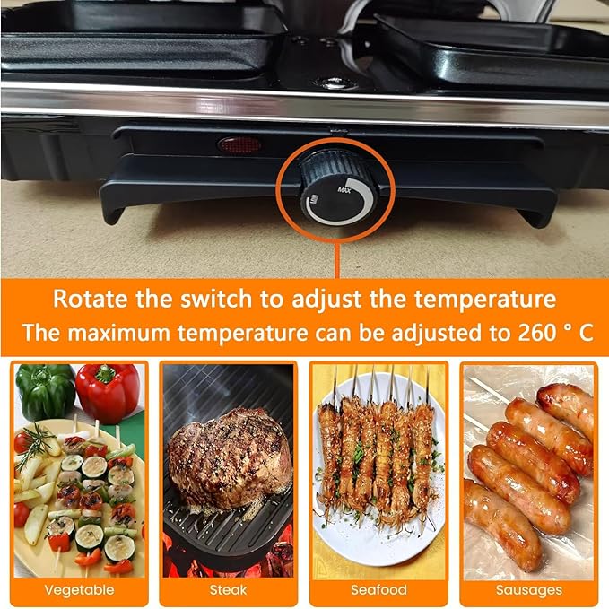 Raclette Grill for 8 — 1300W Tabletop Party Grill with 2-in-1 Reversible Non-Stick Plate | 8 Individual Cheese Pans & Spatulas | Korean BBQ + Cheese Grill | Adjustable Temp, Dishwasher Safe