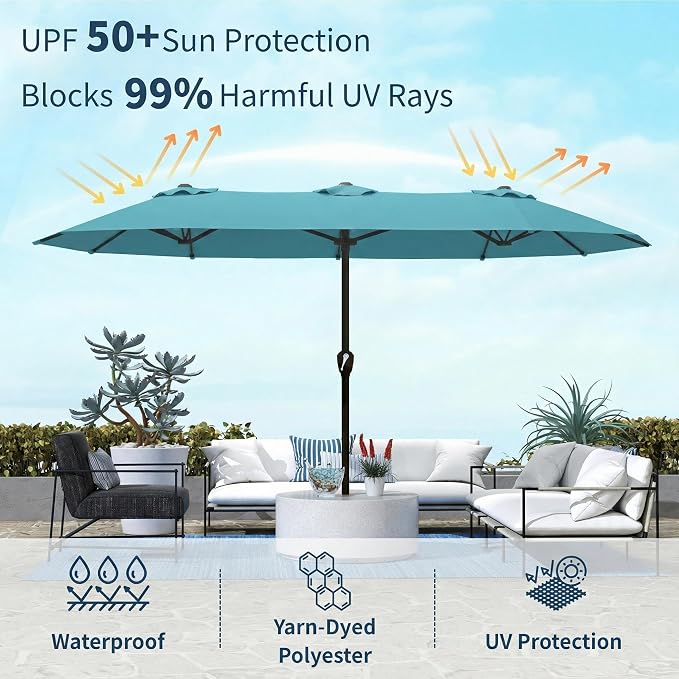 15FT Double Sided Patio Umbrella with Base Included Large Outdoor Market Umbrella with Crank Handle, UV Resistant Canopy, Sturdy Frame for Garden, Poolside, Deck, Sky Blue