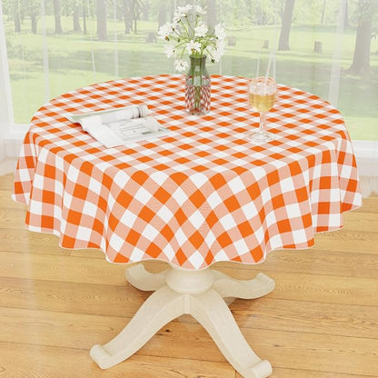 Smiry Picnic Table Cloth, Vinyl Tablecloths with Flannel Backing, 60" Round | Waterproof Picnic Table Cloth, Wipeable Buffalo Plaid Table Cover for Indoor and Outdoor (Orange & White)