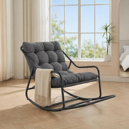 Outdoor Rocking Chairs, Metal Frame Outdoor Rocker with Footrest, Comfy Oversized Patio Chair with Thick Cushion, Reading Glider Lounge Chair for Living Room, Bedroom, Garden, Relax, Gray