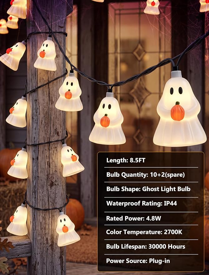Halloween Ghost String Lights, 8.5FT 10 LED White Ghost Outdoor Patio Decor | 4.5W Warm White Glow, Plug in End to End Connectable, Waterproof & Energy-saving, UL Listed for Home Porches Gardens Windows