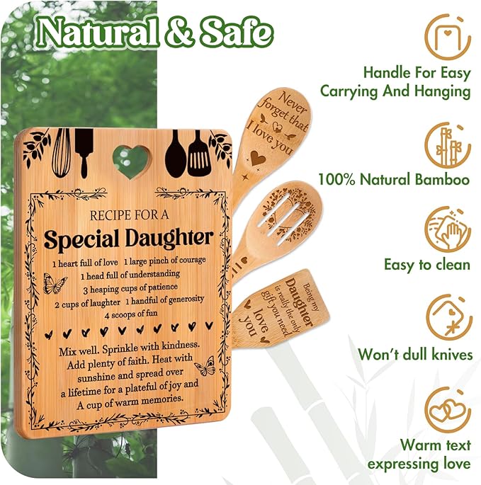 Gifts for Daughter - "Recipe for a Special Daughter" Daughter Birthday Gifts Cutting Board Set, Bamboo-Made Engraved Utensil Set Birthday Gifts for Daughter, Mothers Day Gifts for Daughter