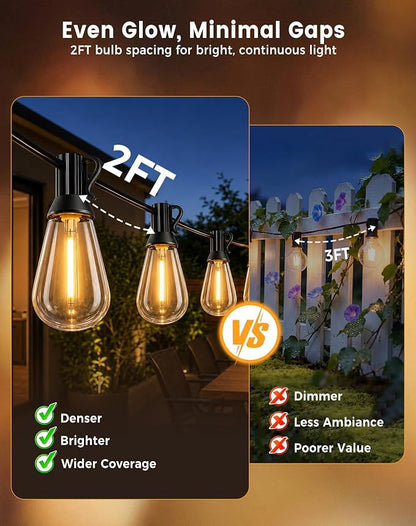 60FT(50+10) Outdoor LED String Lights with 2FT Bulb Spacing, Waterproof, Shatterproof, Dimmable, Warm White, 3 Lighting Modes, Timer, Plug in Hanging Backyard Lights for Outside, Patio