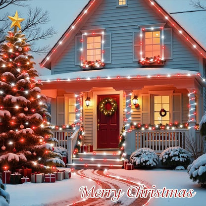QITONG Red and White Solar Rope Lights, 2 Pack Each 33ft 100 LED Christmas String Light, 8 Modes Fairy Lights in Clear Thin Tube