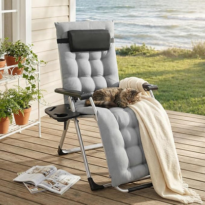Premium Outdoor Chaise Lounge Chairs, Oversized Zero Gravity Chair, Grey | Removable Cushion and Headrest, Lawn Chair with Cup Holder for Reading and Camping
