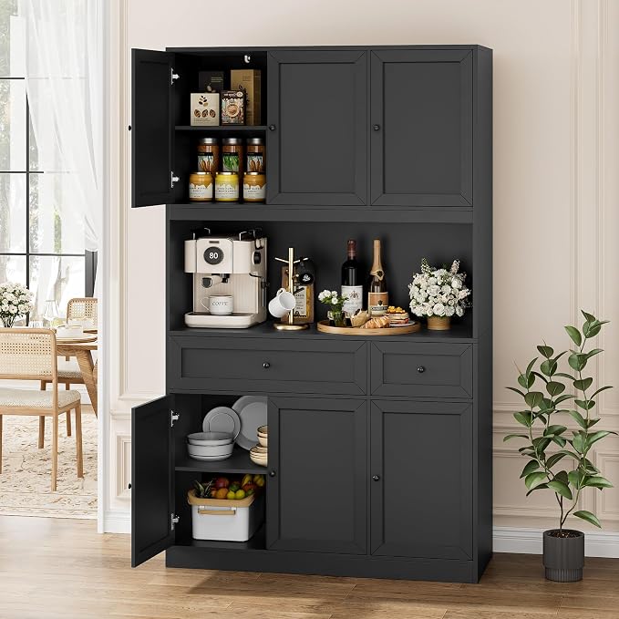 BOTLOG 72" Kitchen Pantry Cabinet Microwave Stand, 10 Storage Compartments | 2 Drawers, Large Capacity, 47.2-inch wide Countertop, Kitchen Hutch utch for Dining Room (Black)
