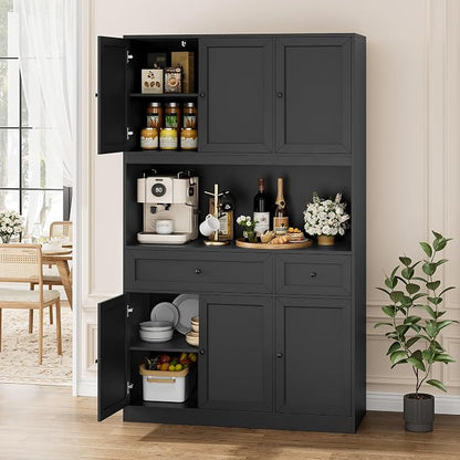 BOTLOG 72" Kitchen Pantry Cabinet Microwave Stand, 10 Storage Compartments | 2 Drawers, Large Capacity, 47.2-inch wide Countertop, Kitchen Hutch utch for Dining Room (Black)