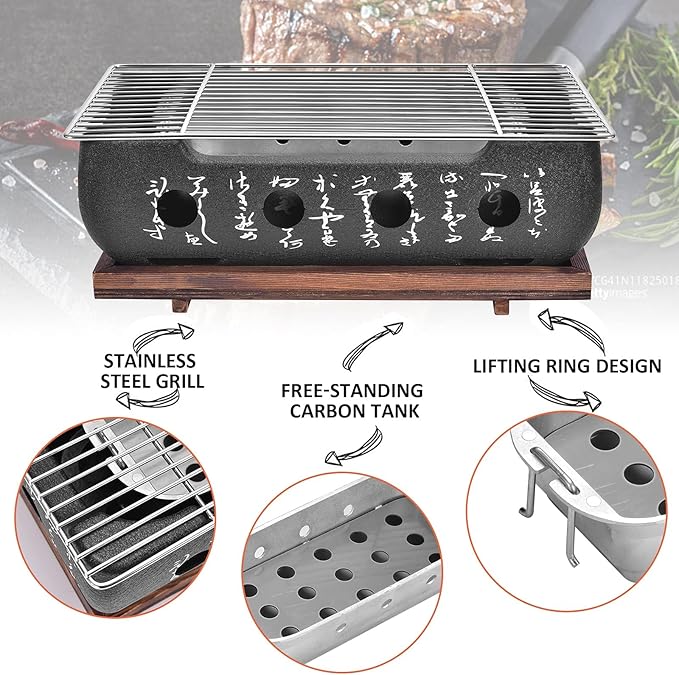 Japanese BBQ Grill Stove Charcoal Barbecue Stove Rectangle Calligraphy Quick Heating Aluminium Alloy Wire Grill Base for Camping (M)
