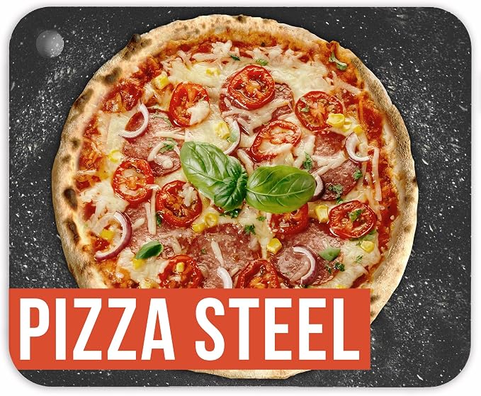 Chef Pomodoro 16 Inch Pizza Steel for Oven, Seasoned Baking Steel for Oven | Steel Pizza Stone Bakes Crispy Pizza & Sourdough Bread, Pre-Seasoned Metal Pizza Stone, Finger Hole for Easy Lifting and Use