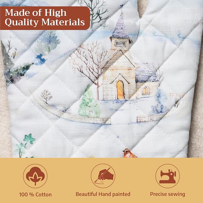 Maison d'Hermine Oven Gloves 100% Cotton Oven Mitt (7" x 13", Pack of 1) | With Loop Heat Resistant BBQ Cooking Gloves Baking Kitchen Handling Hot Pans Thanksgiving Christmas - Snowy World