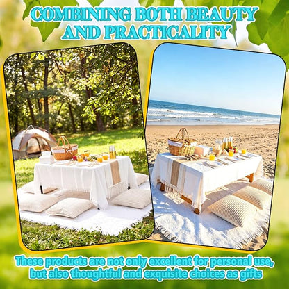 131 Pcs Picnic Kit Extra Large Outdoor Boho Blanket Wicker Picnic Basket Boho Tablecloth Table Runner 6 Throw Pillows Covers Gold Disposable Plates and Cutlery Set for Camp Wedding
