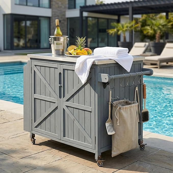 Outdoor Kitchen Island with 4 Locking Wheels, 42”Stainless Steel Top Grill Prep Station, Solid Fir Wood Storage Cabinet with 5-Tier Side Shelf and Adjustable Rack for Patio and BBQ, Grey Blue