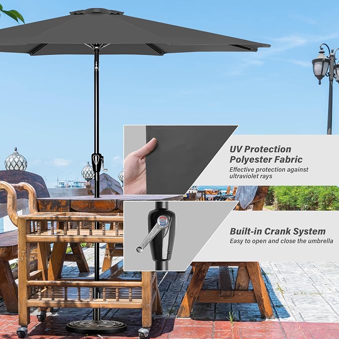 YSSOA 9' Patio Umbrella with 50lbs 20" Capacity Fillable Heavy Duty Round Base, 8 Sturdy Ribs, for Outdoor Lawn, Deck, Poolside, Grey and Black