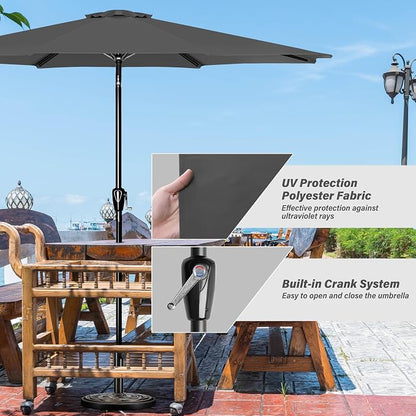 YSSOA 9' Patio Umbrella with 50lbs 20" Capacity Fillable Heavy Duty Round Base, 8 Sturdy Ribs, for Outdoor Lawn, Deck, Poolside, Grey and Black