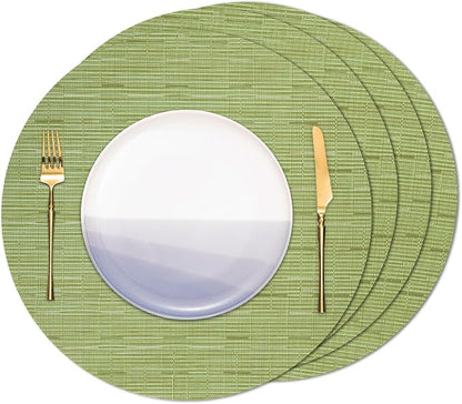 15 Inch Round Placemats Set of 4, Washable Vinyl Woven Place Mats | Heat Resistant Non-Slip Braided Table Mats for Dining Table Kitchen Indoor & Outdoor Use (Green, Set of 4)
