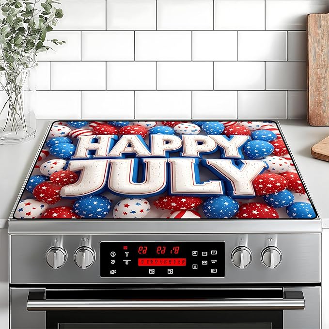 Patriotic Stove Top Cover, Heat Resistant Electric Stove Protector Mat, Large Diatomite Kitchen Counter Mat, Independence Day Decor American Flag Kitchen Accessory (happy july, 28x20 Inch)