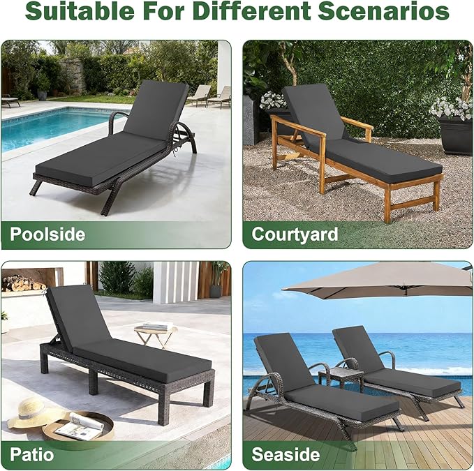 2 Pcs Chaise Lounge Cushions Outdoor Set of 2, 72x 21x 3 Inch Waterproof & Fade-Resistant Lounge Chair Cushion, Outdoor Chaise Cushion with Ties for Lawn, Patio, Pool & Beach, Dark Grey