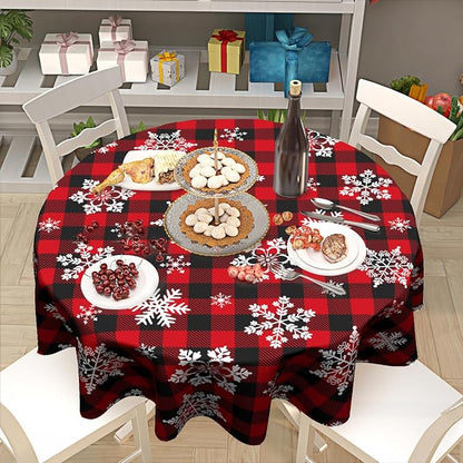 Sweetshow Christmas Round Tablecloth 70 Inch Red Black Buffalo Plaid Tablecloth Waterproof Polyester Xmas Winter Snowflake Table Cloth Table Cover for Kitchen Dining Room Picnic Patio Party