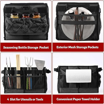 Lorbro Grill Caddy, BBQ Caddy with Paper Towel Holder, Utensil Caddy with Condiment Pocket, Collapsible Picnic Basket Camping Gear Must Haves for Outdoor, Gift, Grilling Tool, Barbecue, RV, Black