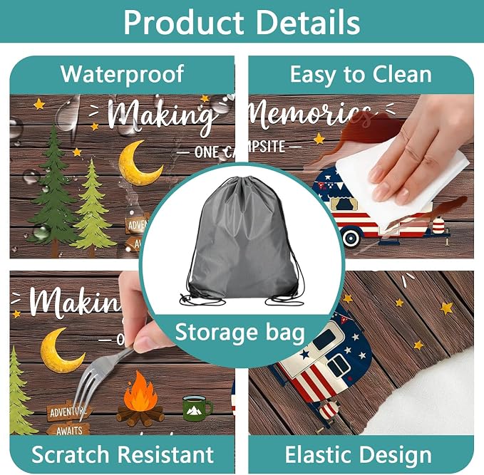 Wooden American Flag RV Picnic Table Cover with Bench Covers 6FT 3PCS, Camping Essentials, Fitted Camping Tablecloth Waterproof Oilproof with Elastic Edge for Indoor Outdoor Garden, 30x60 Inch