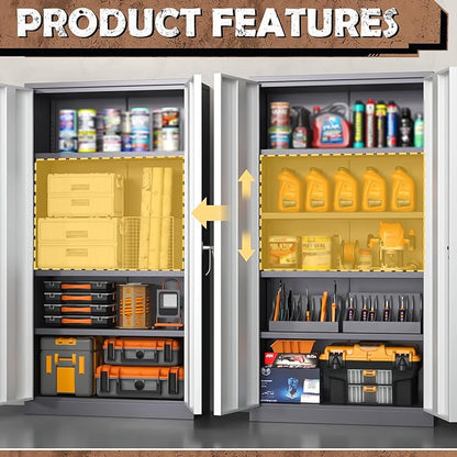 INTERGREAT Metal Storage Cabinet, 72” H Storage Cabinet with 2 Doors and 4 Adjustable Shelves for Office, Home, Garage, Pantry (Assembly Required, Grey)