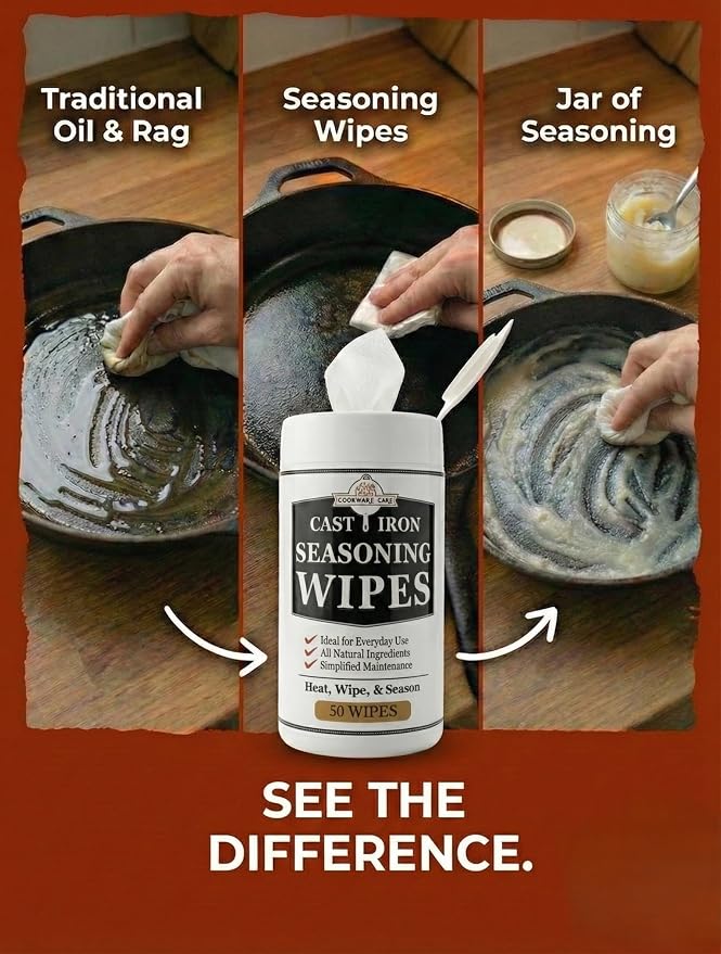 Cookware Care Cast Iron Seasoning & Cleaning Oil Wipes – Seasons, Cleans & Conditions Cast Iron Skillet, Carbon Steel & Blackstone Griddle | 50 Wipes, Made in USA with Grapeseed Oil (1 Pack)