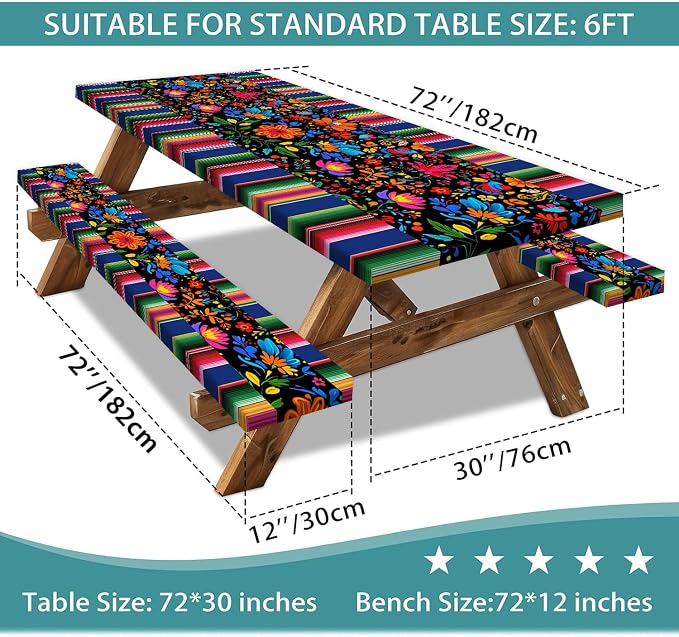 Mexico Picnic Table Cover with Bench Covers and Bag, Camping Essentials, Cinco De Mayo Fiesta Stripes Fitted Table Cover, 6ft Outdoor Tablecloth Waterproof Windproof with Elastic Edge 3 PCS 30x72 Inch