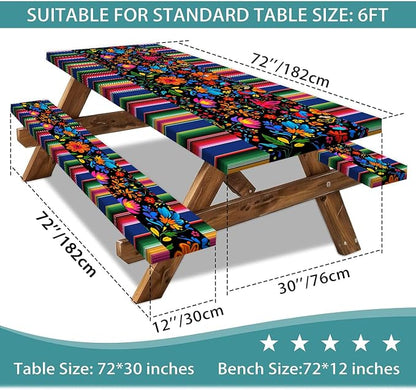Mexico Picnic Table Cover with Bench Covers and Bag, Camping Essentials, Cinco De Mayo Fiesta Stripes Fitted Table Cover, 6ft Outdoor Tablecloth Waterproof Windproof with Elastic Edge 3 PCS 30x72 Inch