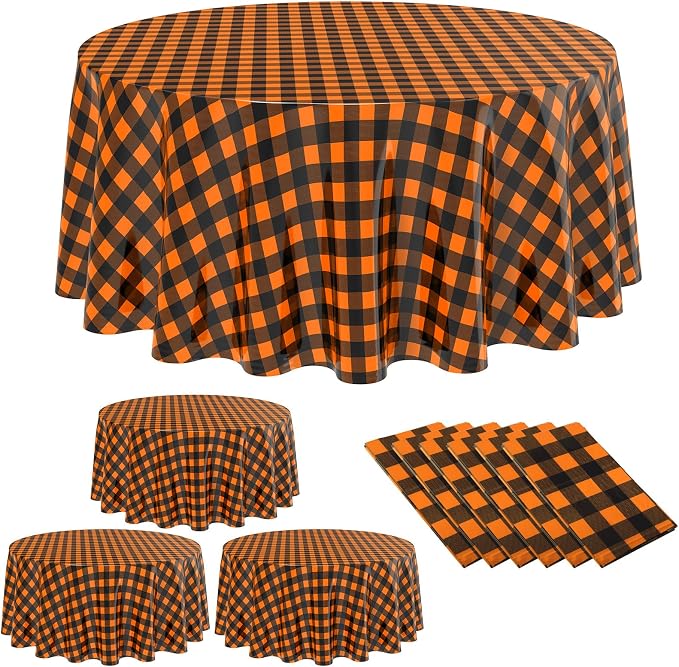 Disposable Checkered Tablecloth Round Plastic Buffalo Plaid Table Cloth 84'' Gingham Tablecover for Picnic Camping BBQ Graduation Party (Orange Black,6 Pieces)