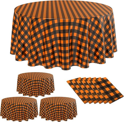 Disposable Checkered Tablecloth Round Plastic Buffalo Plaid Table Cloth 84'' Gingham Tablecover for Picnic Camping BBQ Graduation Party (Orange Black,6 Pieces)