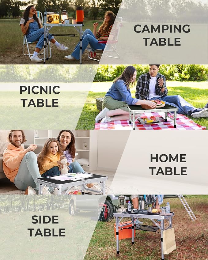 Sportneer Camping Table: Adjustable Height Small Folding Table 23.6" L x 15.7" W 4 Height with Mesh Layer - Compact & Portable Camping Essentials for Outdoor Camp Garden Picnic BBQ Dining Cooking