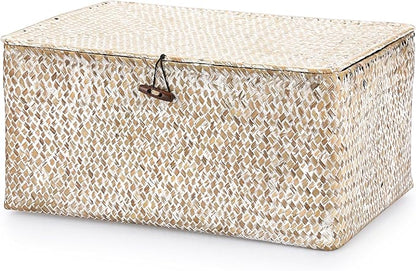 Hipiwe Wicker Woven Baskets Bin with Lid Natural Seagrass Basket Storage Bin Rectangular Household Basket for Shelf Wardrobe Home Decor, Whitewash, X-Large
