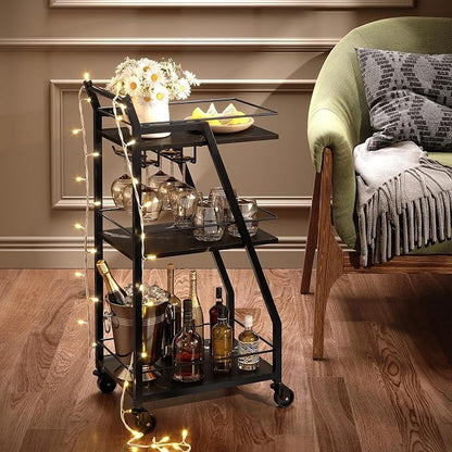 Bar Cart, 3-Tier Home Bar Serving Cart with Wheels, Drink Cart with Glass Holder, Beverage Cart, Rolling Kitchen Cart, for Home, Living Room, Marble Black and Black BC03BM