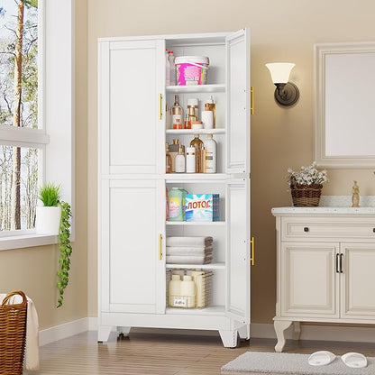 75" H Tall Kitchen Pantry Cabinet, Pantry Storage with Doors and 3 Adjustable Shelves, Metal Storage, Cupboard for Kitchen, White