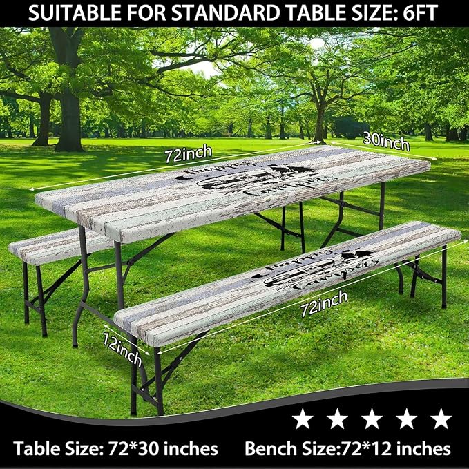 Picnic Table Cover with Bench Covers Elastic Edges, Outdoor Patio Camping Essentials 72 Inch 3PCS, Wooden Camper Fitted Table Cover, Waterproof Rectangle Tablecloth with Drawstring Bag,Grey