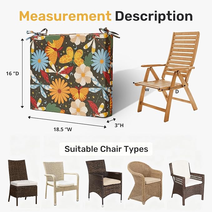 UNIKOME Outdoor Chair Cushions Pack of 4, Water Resistant Patio Cushions with Ties, High Density Sponge Filling Square Corner Seat Cushions for Outdoor Furniture, 18.5"*16"*3", Flower