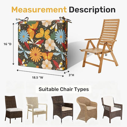 UNIKOME Outdoor Chair Cushions Pack of 4, Water Resistant Patio Cushions with Ties, High Density Sponge Filling Square Corner Seat Cushions for Outdoor Furniture, 18.5"*16"*3", Flower