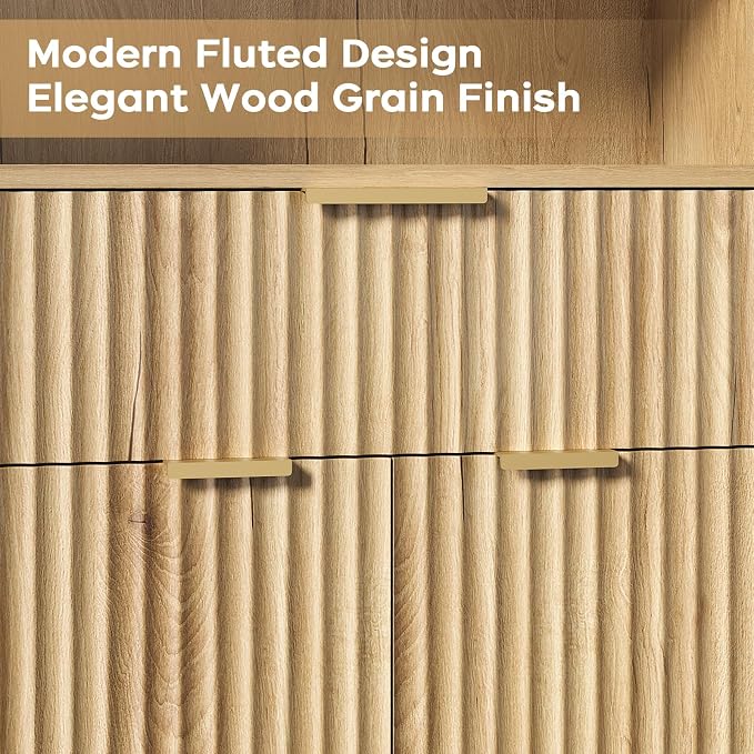 Fluted Buffet Cabinet with Storage, Modern Coffee Bar Cabinet | With Drawer & Adjustable Shelf, Wood Sideboard Cabinet for Kitchen, Bathroom, Entryway and Living Room Natural