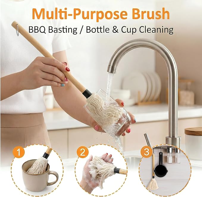 Eorbow 7 Pack Cast Iron Sauce Pot and BBQ Mop Brush Set, 13.5 OZ Small Basting Pot & Sauce Mop for Grilling, 2 Long Handle BBQ Mop with 4 Replacements, Barbecue Tool Set for Meat Smoker Stove
