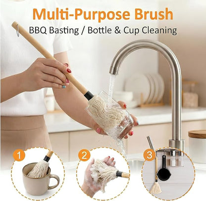 Eorbow 7 Pack Cast Iron Sauce Pot and BBQ Mop Brush Set, 13.5 OZ Small Basting Pot & Sauce Mop for Grilling, 2 Long Handle BBQ Mop with 4 Replacements, Barbecue Tool Set for Meat Smoker Stove