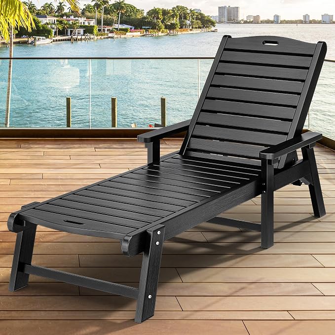 YITAHOME Outdoor Chaise Lounge Chair with Adjustable Backrest, Heavy Duty Resin Patio Lounger with Wide Armrest and 350lbs Capacity for Outside Poolside Beach Backyard, Waterproof, Black