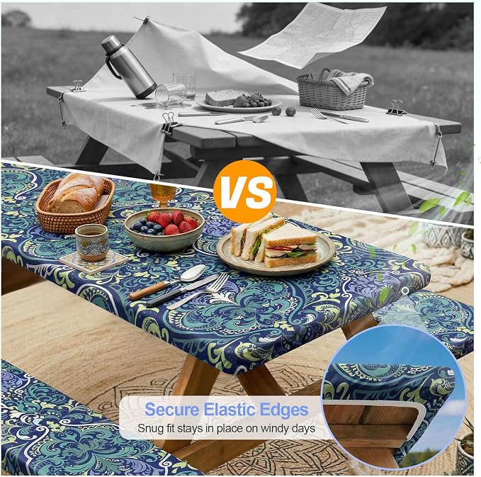 Picnic Table Cover with Bench Covers Camping Essentials Waterproof Windproof Camping Tablecloth with Drawstring Bag, Fitted Rectangle Tables and Seats, 72in, Deep Blue Green