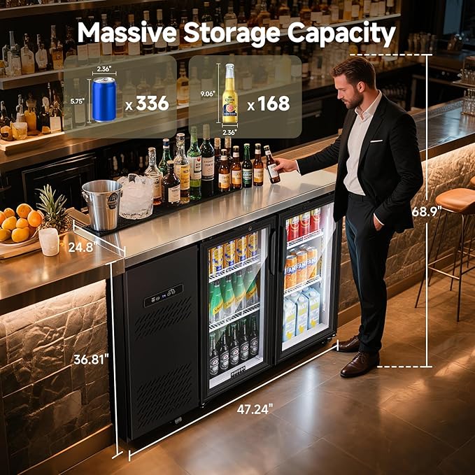 BODEGACOOLER Commercial Back Bar Cooler with 2 Glass Doors,12 Cu.Ft Stainless Steel Commercial Counter Height Bar Refrigerator,Display Drink Beverage Beer Fridge LED Lighting,SUS304 Top,4 Casters