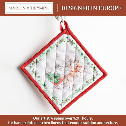 Maison d' Hermine Pot Holders 100% Cotton Heat Resistant Potholders 8" x 8" Hot Pads with Loop for Thanksgiving Christmas Decorations BBQ Cooking Handling Hot Pans (Pack of 1, Christmas Tradition)